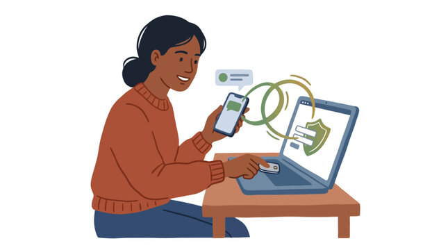 Woman using two factor authentication on smartphone and laptop for secure login. EPS Editable. Vector Illustrations.