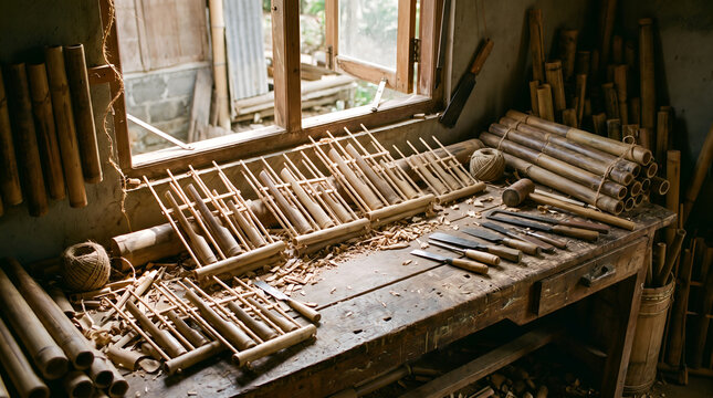 Authentic bamboo angklung production workshop highlighting traditional craftsmanship, artisan skills, and sustainable cultural manufacturing.