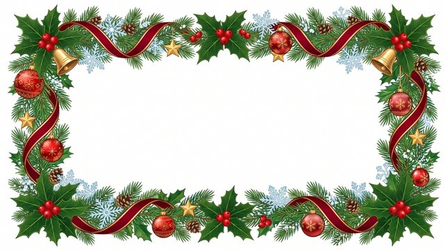 Elegant Christmas frame with holly leaves, pine branches, ornaments and snowflakes, editable vector, isolated, no text