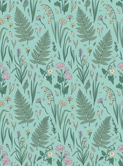 Seamless botanical pattern with ferns and wildflowers on mint green