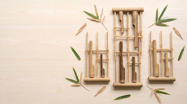 Top view of handcrafted angklung instruments with natural bamboo texture and copy space, ideal for educational, tourism, cultural, and advertising designs.