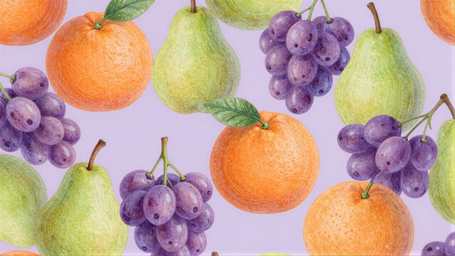 Colorful fruits like oranges, pears, and grapes in a cheerful repeating pattern.