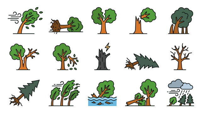 Damaged Tree and Natural Disaster Flat Icon Set