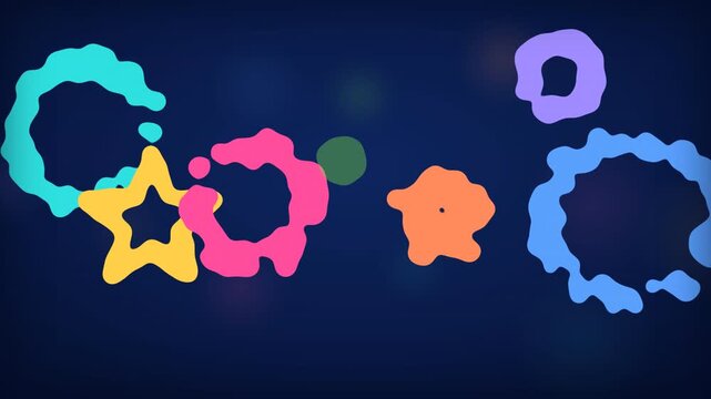 Liquid-motion graphic animation of fireworks turning into liquid star shapes on a dark blue canvas