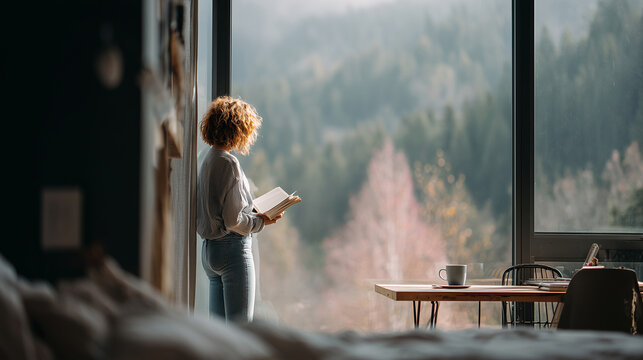 Woman standing by a large bedroom window with journal in hand, computer desk behind her, lost in thought, soft natural morning light, authentic emotional lifestyle photography