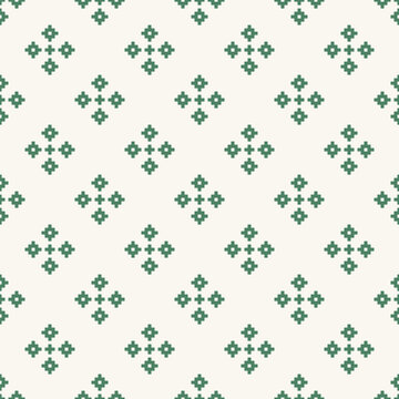 Green seamless dobby fabric texture pattern with geometric ethnic pixelated ornament.