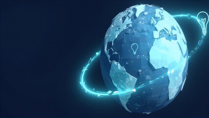 Obraz premium Digital globe with glowing blue network and lightbulb, symbolizing global innovation.