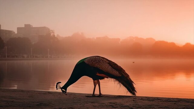 A peacock silhouette stands by a calm lake at sunrise amidst a hazy background