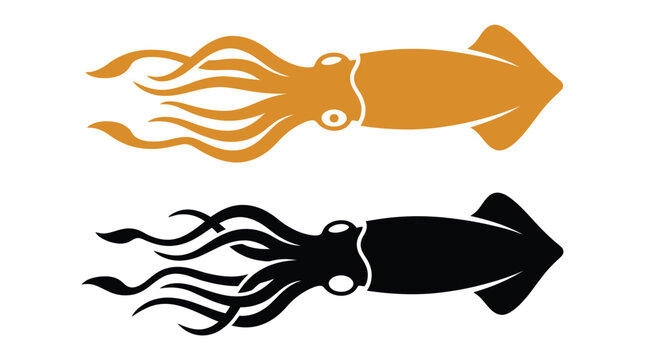 Minimalist orange and black squid vector silhouettes featuring flowing tentacles and a sharp triangular head shape