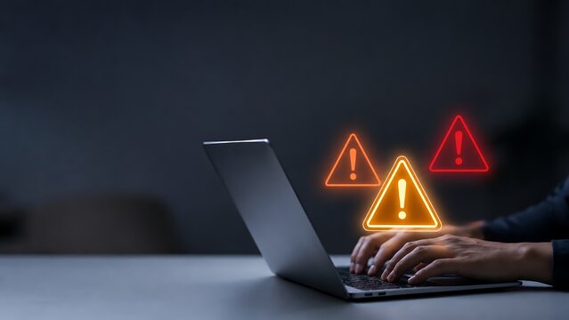 Critical warning symbols pop up from laptop screen as user types, highlighting cybersecurity risk and data breach.