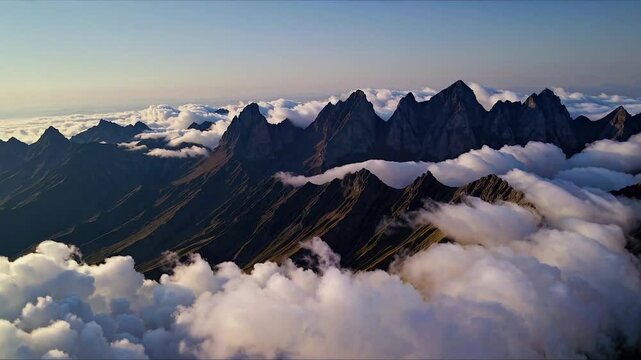 High view of rolling green hills peaks rising from thick white misty valley clouds
