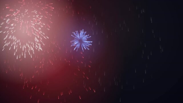 Intense, high-contrast motion graphic of dense fireworks explosions filling the screen with patriotic light
