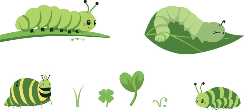 Cute Caterpillar Vector Character Set Featuring Adorable Green Grub Worms Crawling on Leaves and Eating Sprouts in Forest Meadow Group