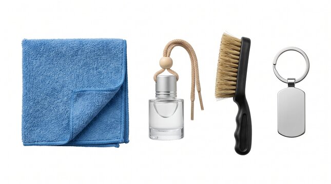 Car Cleaning Kit Essential: A set of essential car cleaning tools including a microfiber cloth, car air freshener, brush, and keychain for your vehicle's maintenance.