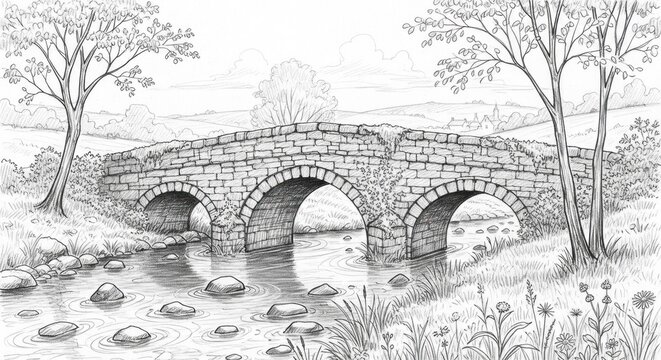 Pencil Sketch of an Old Stone Bridge with Arches Over a Gentle Stream.
