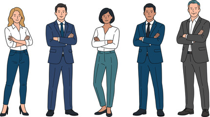 Obraz premium Diverse professional business team standing with arms crossed in smart corporate attire isolated on white