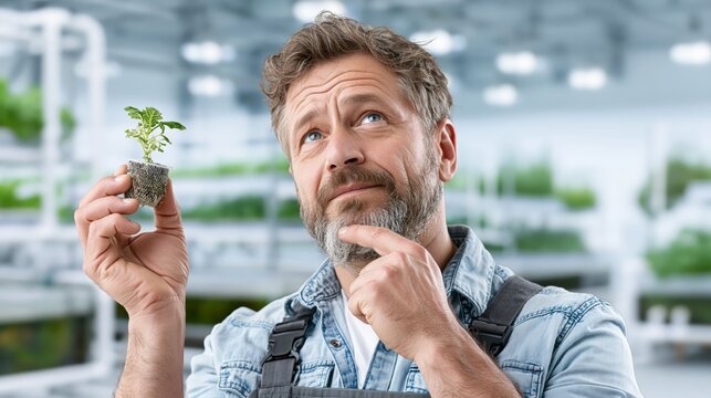 Aquaponic farmer holding a net cup with a seedling in a facility while thinking. Concept of quiz, consultation and trivia about aquaponics.