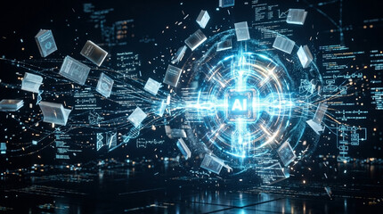 Fototapeta premium A visualization of artificial intelligence learning from massive datasets inside a futuristic digital environment.