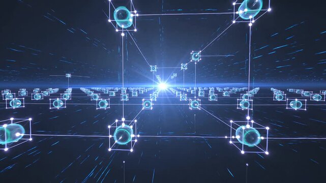 Glowing digital cube network transferring data streams through futuristic cyberspace. Abstract tech background visualization of cloud computing and global connection