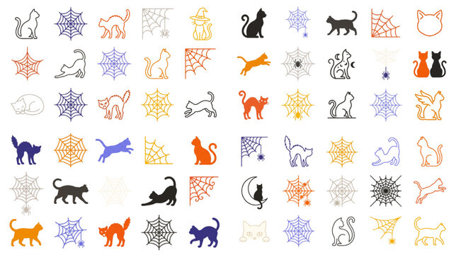 Minimalist Line Art Halloween Cat Silhouette and Spider Web Vector Set