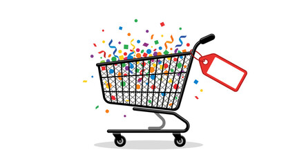 Shopping cart with blank red price tag and confetti. © mohamed