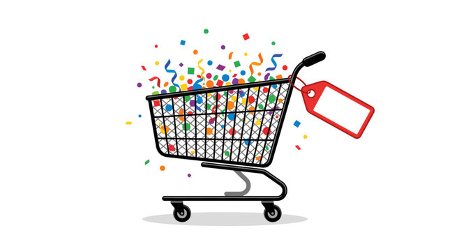 Shopping cart with blank red price tag and confetti.
