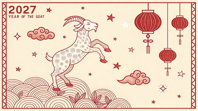 Chinese New Year illustration of goat on wave with lanterns and stars  2027 Year of the Goat celebration transparent background