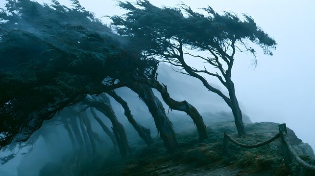 Wind-bent juniper trees on a foggy coastal bluff at dusk