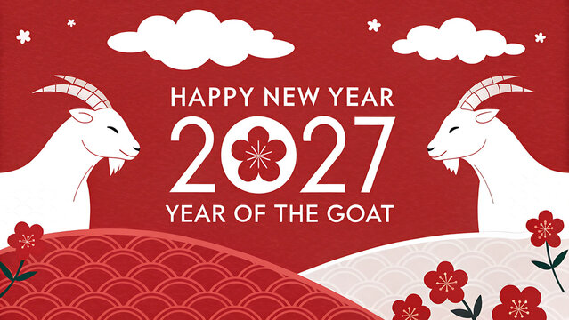 Happy New Year 2027 Year of the Goat celebration with white goats and flowers on red background transparent background