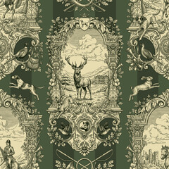 Obraz premium Seamless vector pattern with traditional European hunting motifs. Vintage engraving style illustration.