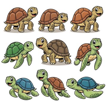 Cute cartoon turtles with different colored shells and hats.