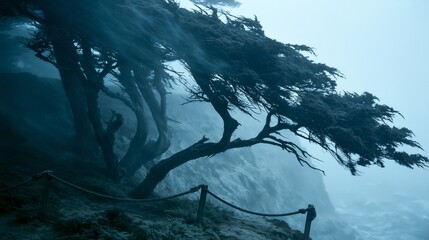 Obraz premium Stormy coastal squall through wind-bent juniper trees at dusk