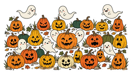 Fototapeta premium Colorful Hand Drawn Halloween Pumpkin Faces Collection. EPS Editable