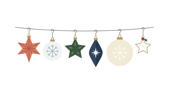 A 2d minimalist illustration of a festive collection of Christmas ornaments in various shapes and colors hanging from a string. The ornaments include stars, baubles, and decorative figures.
