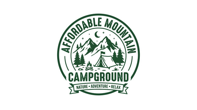 Outdoor campground badge logo with mountains and tent icon.