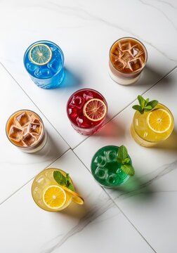 Minimalist top-down view of colorful cocktails and iced coffee glasses arranged in an artistic asymmetrical pattern on a sleek marble table, minimalist, variety, asymmetrical