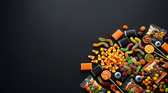 A colorful assortment of Halloween candies scattered across a dark surface, featuring gummy worms, candy corn, lollipops, and eye-shaped treats