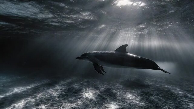 A lone dolphin swims gracefully beneath ocean light rays, creating a stunning monochrome image