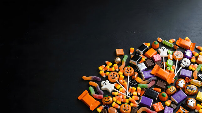 A vibrant collection of Halloween candies scattered on a dark surface, featuring pumpkins, ghosts, and other festive shapes. The assortment evokes a sense of holiday fun and treats.