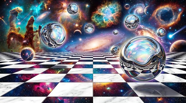 Cosmic landscape with floating orbs on a checkerboard. Surreal galaxy scene with abstract spheres.