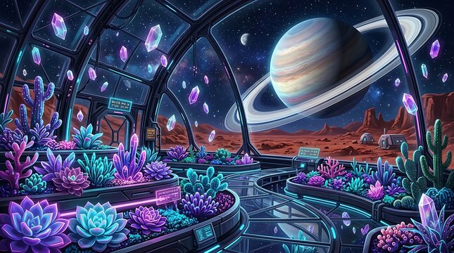 Futuristic Mars colony greenhouse with lush plants and Saturn view. Space agriculture biodome for sustainable extraterrestrial living and research.