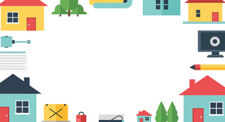 Fototapeta premium A vibrant frame composed of various flat-styled icons like houses, trees, and technology items surrounding a large, white central space.