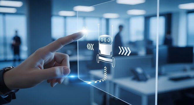 Human hand engaging with a holographic interface, visualizing smart automation and the future of logistics in a modern business and technology landscape