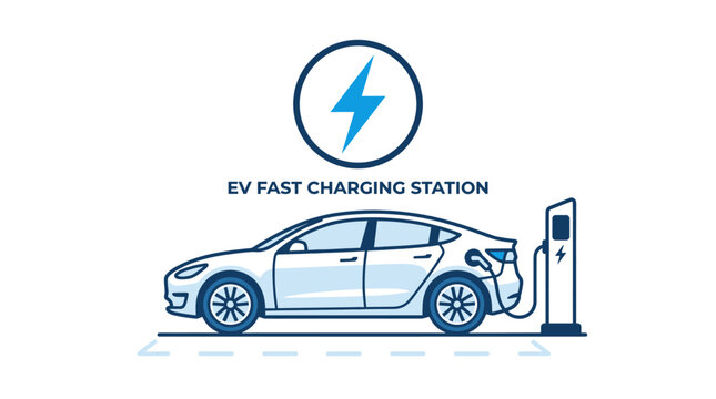 Electric vehicle at fast charging station with lightning icon.