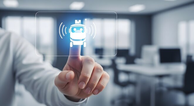 Man touching holographic autonomous delivery robot icon in office representing smart logistics and future technology