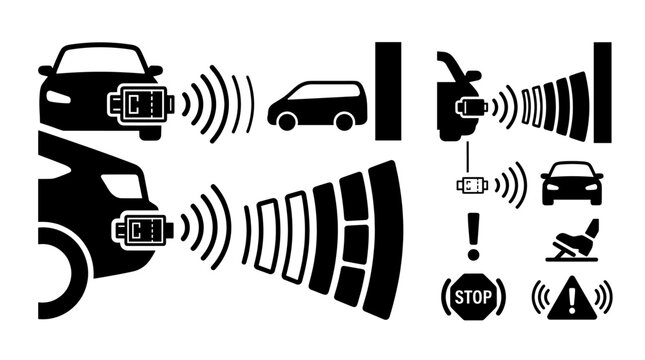 Vehicle proximity sensor and safety alert system icons.