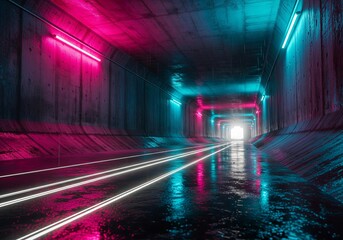 Obraz premium Futuristic tunnel with neon lights and reflections on wet floor