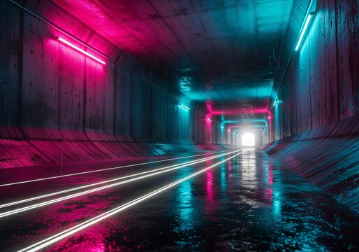 Futuristic tunnel with neon lights and reflections on wet floor