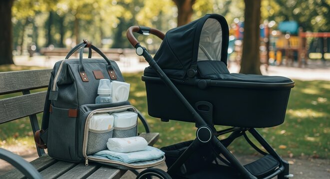 Diaper bag and bassinet stroller parked on a park bench outdoors