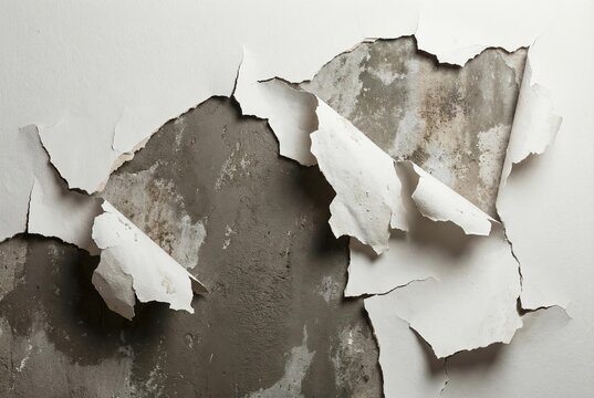 Peeling paint reveals damaged concrete wall